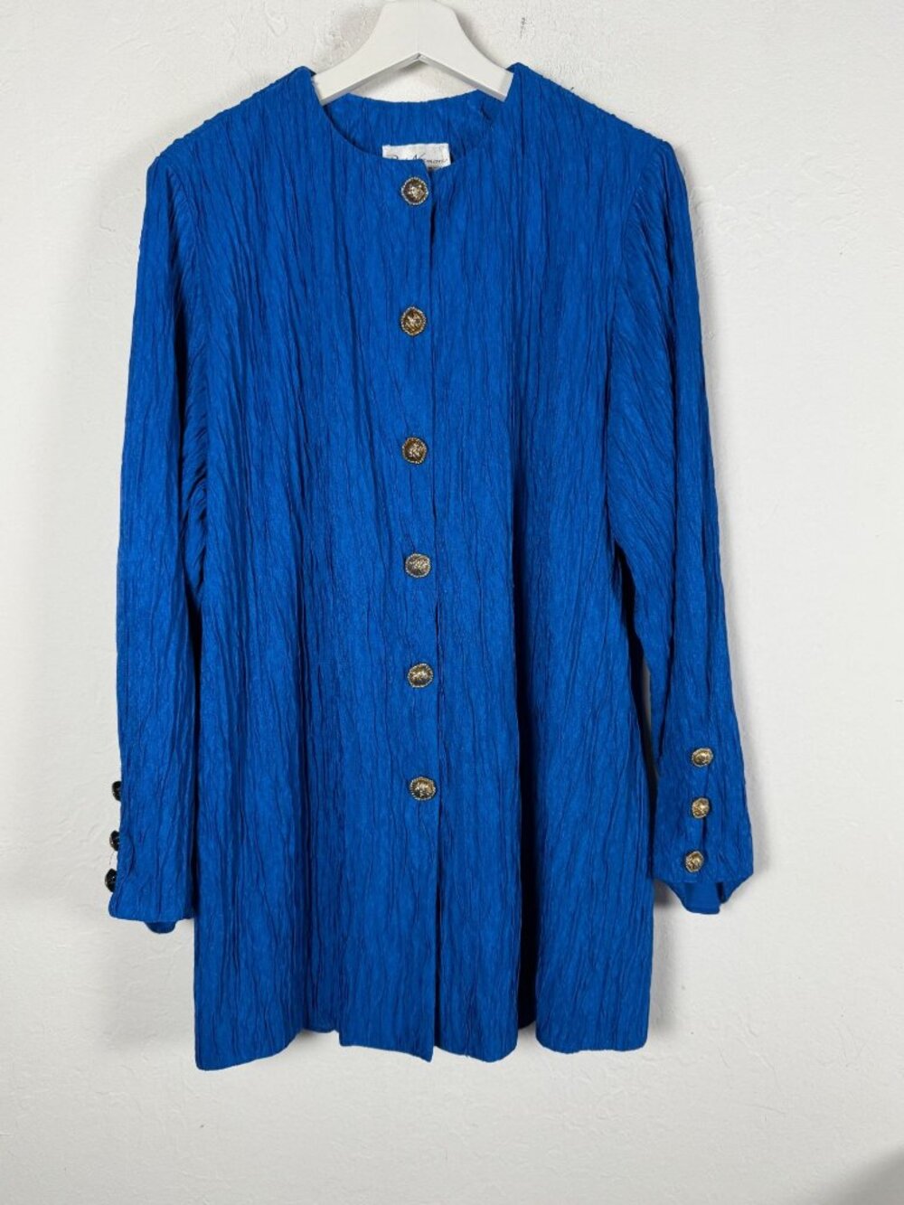 Vintage 90s Ruth Norman Womens Blue Crinkle Textured Jacket Gold Buttons Large